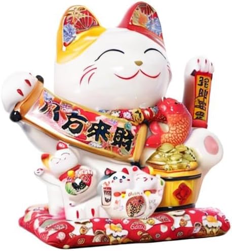 Lucky Statue Cat - Chinese Good Luck Cat with Waving Arm,Ceramic Fortune Cat Statue,Japanese Money Cat for Home, Office, and Store Decorations