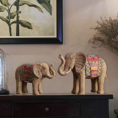 Resin feng Shui Elephant Statues-Decorative Weaving Style Elephant Family Statues -Mother and Child of Elephant Figurine Statue Sculpture Elephant Gifts for Women.(1 Pair)