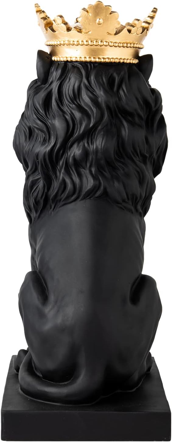 LCdecohome Lion Statue - Outdoor Collectible Figurine, 15 Inch Gold Crown Black Standing Lion Home Decor for Desk & Home Black Decor Gift