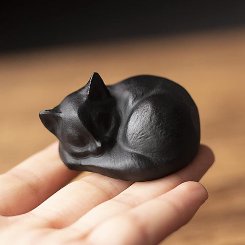 Tiny Sleeping Cat Statue Hand-Carved Healing Stone Gemstone Little Kitten Statue Figurine 2" - Black Obsidian