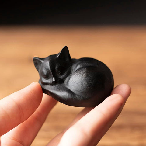 Tiny Sleeping Cat Statue Hand-Carved Healing Stone Gemstone Little Kitten Statue Figurine 2" - Black Obsidian