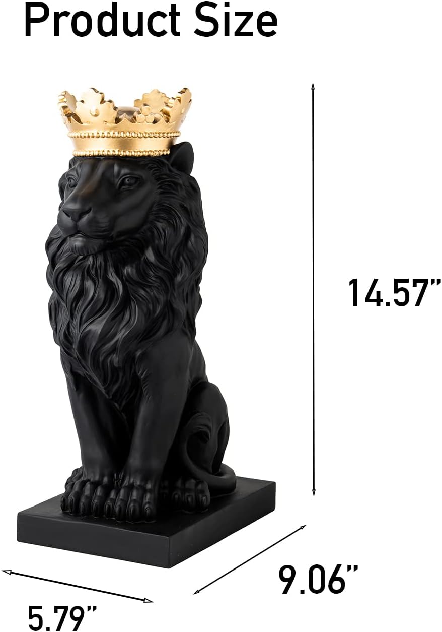 LCdecohome Lion Statue - Outdoor Collectible Figurine, 15 Inch Gold Crown Black Standing Lion Home Decor for Desk & Home Black Decor Gift