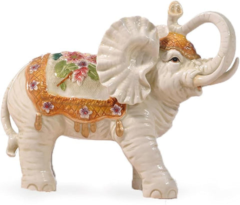 Ceramic Collectible Figurines Statue，3D Hand-Painted Lily Bamboo Elephant with Trunk Raised Statue Decoration (Medium)