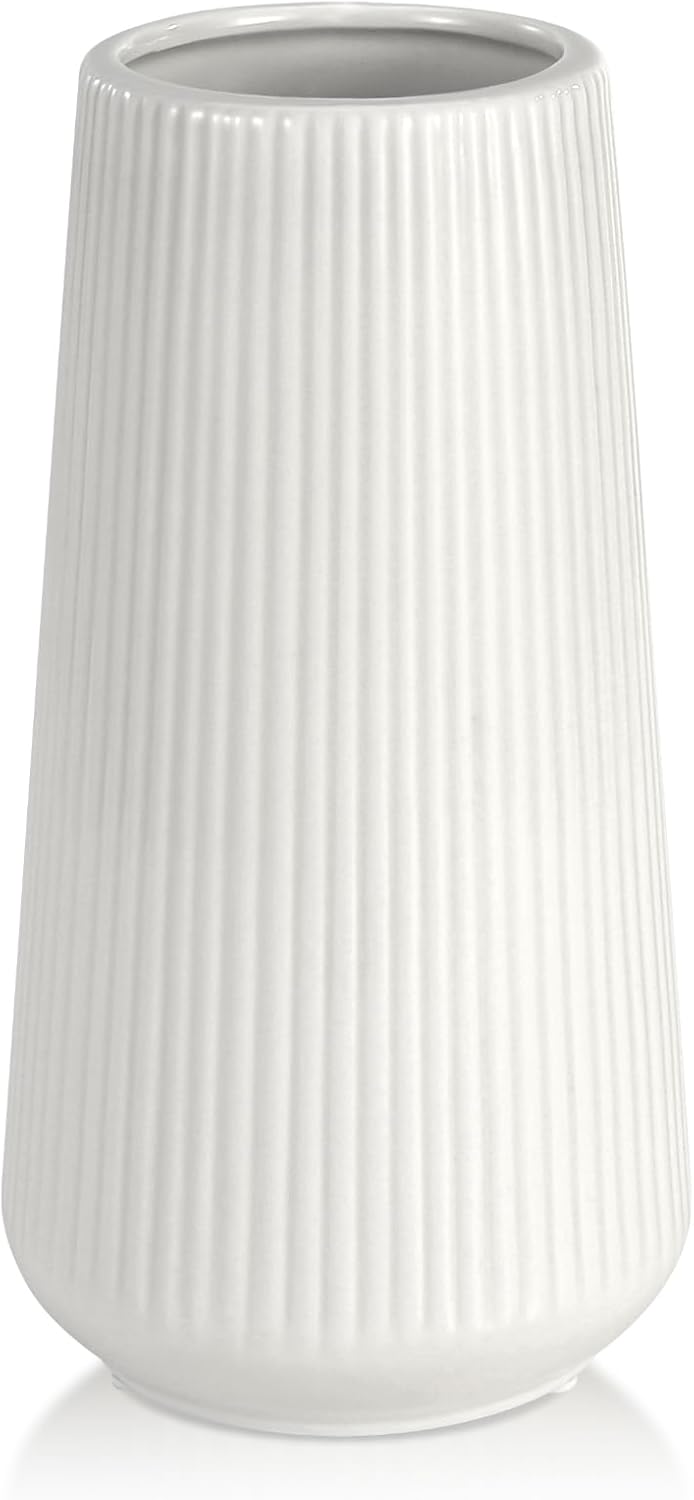 White Ceramic Vase, GUKJOB Small Cute Flower Vase for Pampas Grass, Home, Living Room, Dining Table, Farmhouse, Office Decor, Bedroom, Table, and Kitchen Shelf (White)