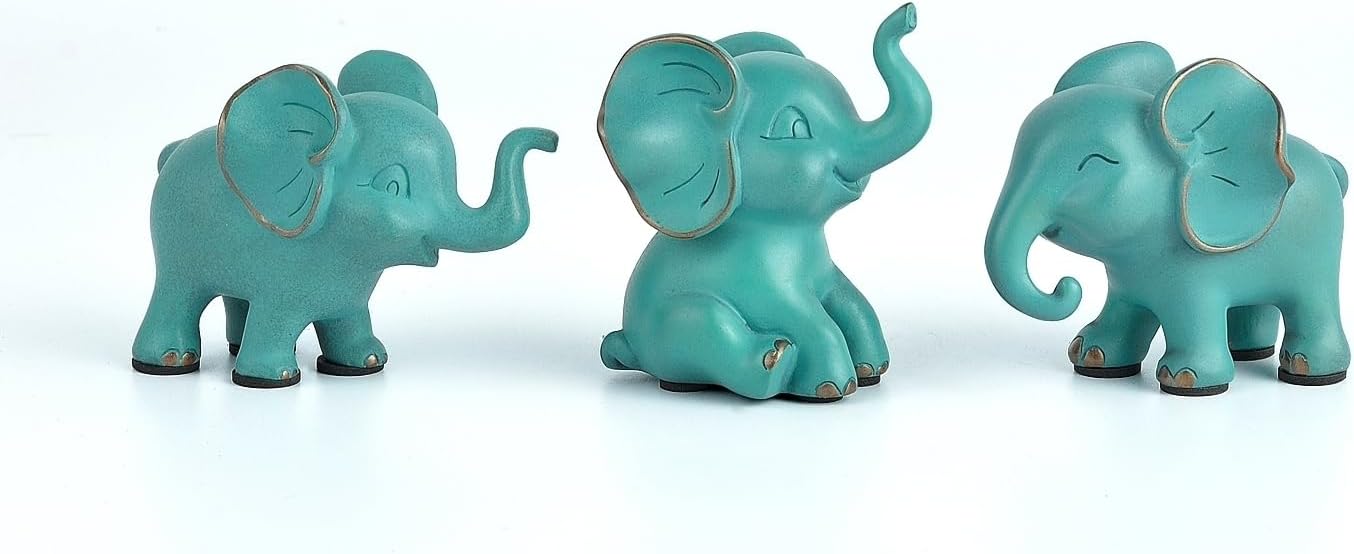 Small Elephant Statues, Green Set of 3 Cute Home Decor, Figurine Decorative Ornaments for Living Room, Bedroom, Office Desktop, Cabinets, Unique