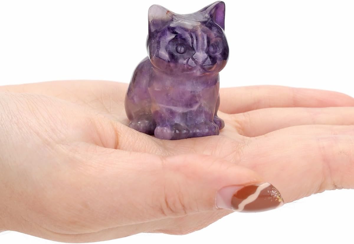 Amethyst Crystal Cat Figurine Carved Healing Crystal Gemstone Cat Lucky Cute Stone Cat Statue Ornament for Home Office Desk Meditation Decor Mini Cat Gifts for Cat Lover Christmas