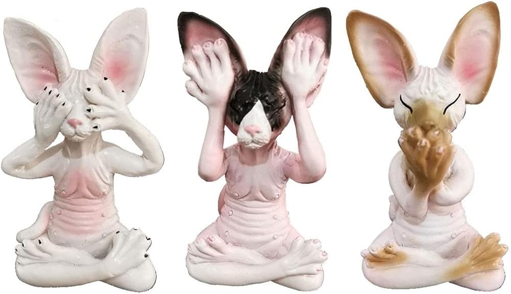 Set of 3 Wise Sphynx Cat Statue See Hear Speak No Evil Zen Meditating Yoga Cats Figurine Buddha Cats Sculptures 3.3" Tall Shelf Sitters