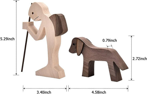 ISHINE Handmade Wood Decor Sculptures, Sitting Man and Dog Statue, Carved Creative Home Office Gift Decoration Natural ECO Friendly