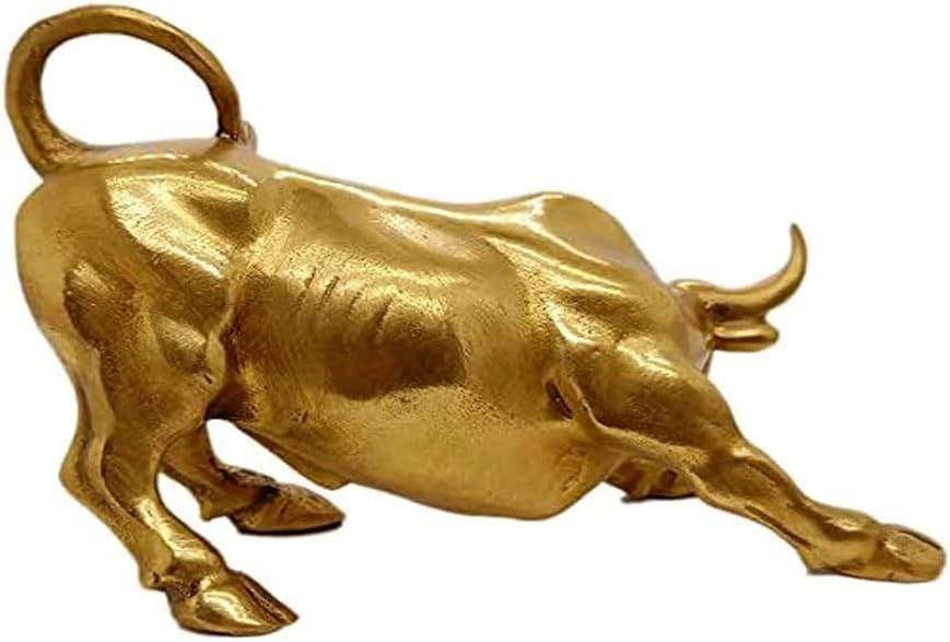 Feng Shui Fortune Brass W Street Bull Statue, Sculpture Home Decoration Golden Copper Bull Represents Good Luck of Career and Wealth