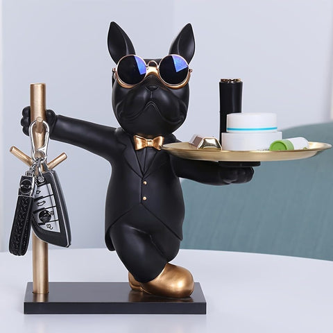 Metal French Bulldog Sculpture, Decorative Dog Statue Storage Coin Money Box, Figurine Tray Key Snack Holder for Home Living Room Bar Cafe Decor (Black)