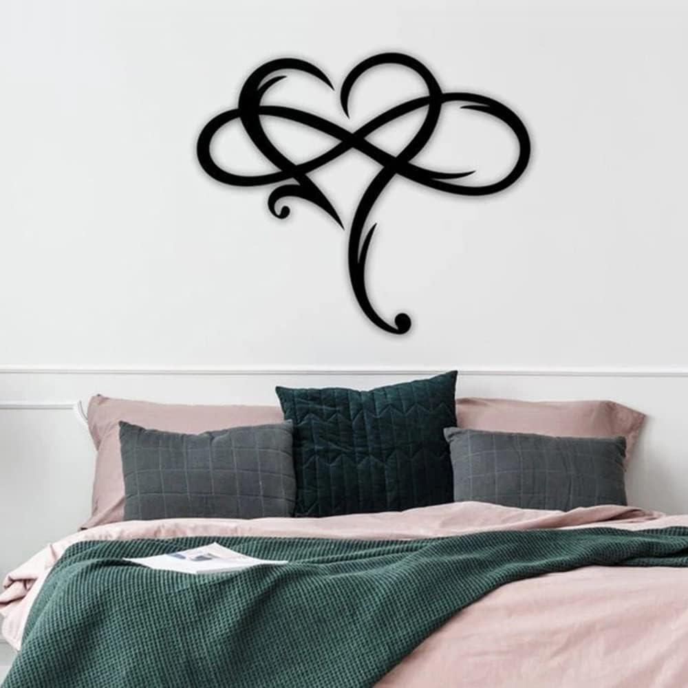 AOOLVY Infinity Heart Wall Decor, Unique Infinity Heart Metal Art Wall Decor Love Sign Steel Wall Plaques Bedroom Ornaments for Home Wedding Decor, Room Living Room Decoration (Black, 15.7x14inch)