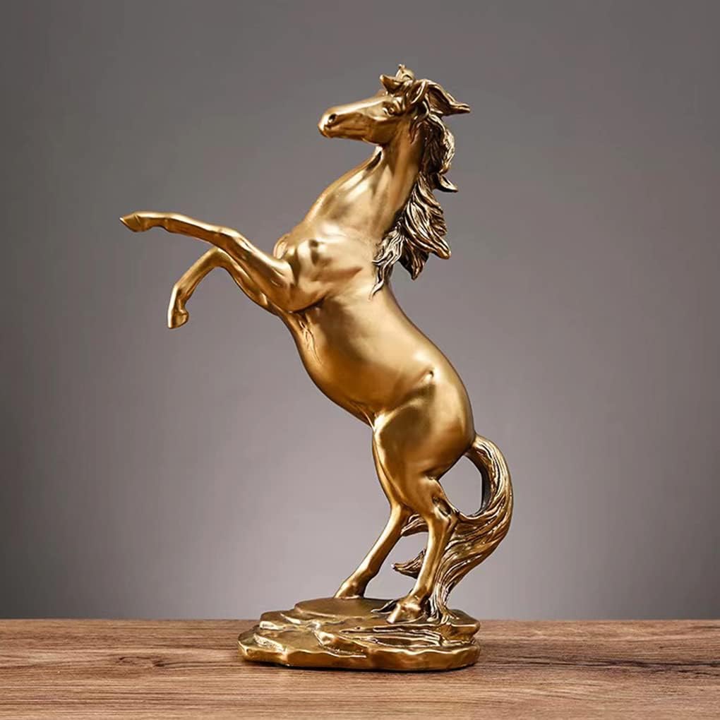 Gold Horse Statue Figurines - Resin Standing Fighting Horse Sculpture Home Office Decoration Tabletop Decor Ornaments