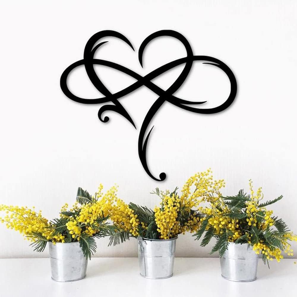 AOOLVY Infinity Heart Wall Decor, Unique Infinity Heart Metal Art Wall Decor Love Sign Steel Wall Plaques Bedroom Ornaments for Home Wedding Decor, Room Living Room Decoration (Black, 15.7x14inch)