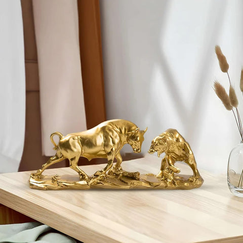 Bull and Bear Statue 15.7" L -Wall Street Bull Statue -Sculptures- Unique Decor for Financial Professionals,Gold