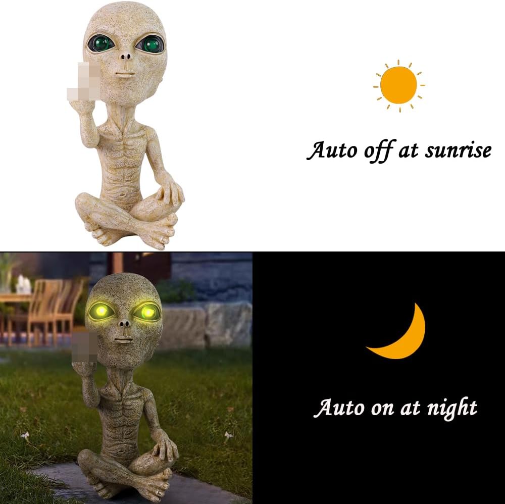 Solar Light Alien Statues Sculpture，Funny UFO Extraterrestrial Figurine for Home Garden Yard Art Outdoor Decoration.