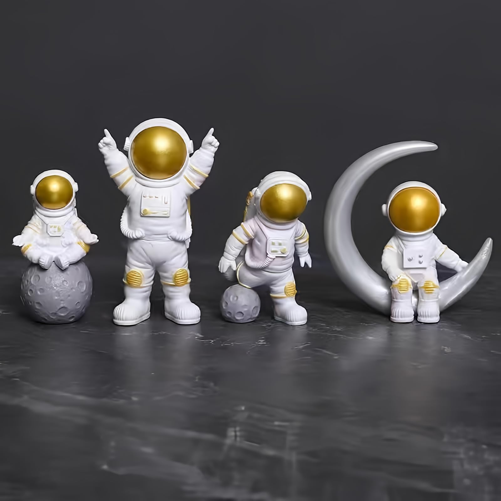 Blue White Astronaut Statues Set of 4, Spaceman Sculpture Figurines Outer Space Theme Decor for Nursery Room Cake Topper