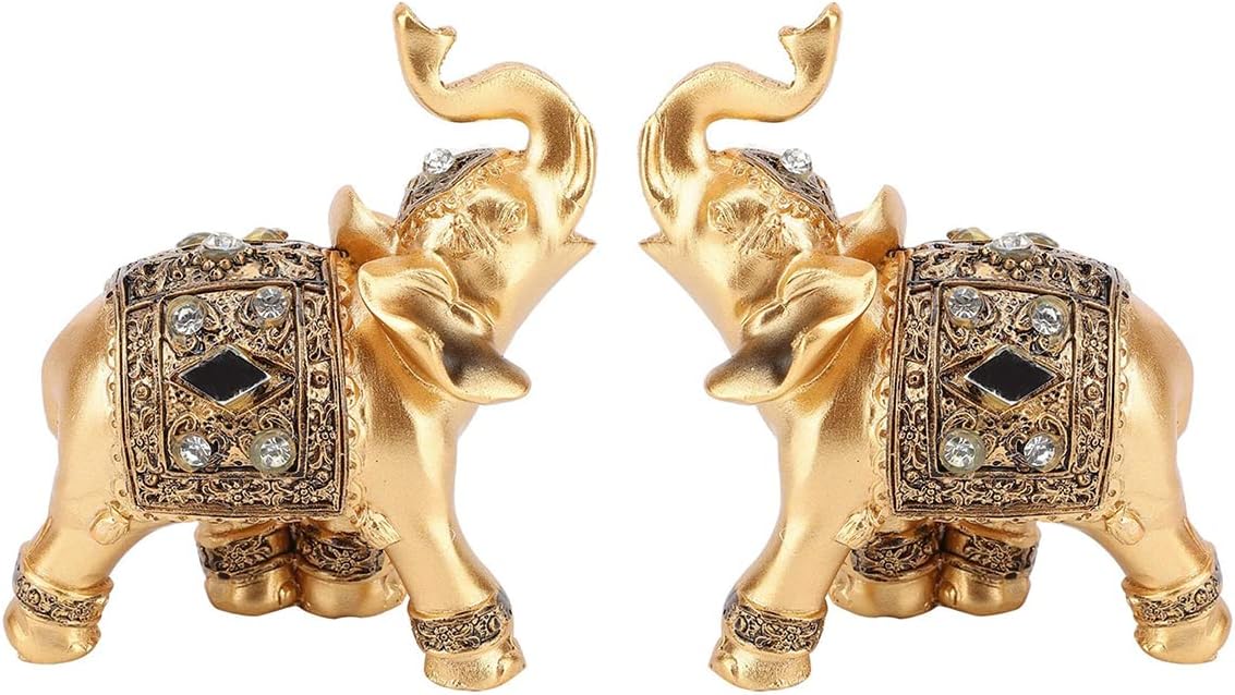 2pcs Elephant Statue,Feng Shui Lucky Elephant Figurine,Golden Elegant Elephant Sculpture Wealth Lucky Figurine,Small Resin Home Decoration Wealth Figurine Feng Shui Decor