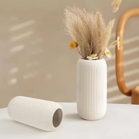 White Ceramic Vase for Flowers, 8 INCH Flower Vase Modern White Vase Home Decor, Small Vase, Ribbed Textured Vase for Pampas Grass Decorative Vase, for Farmhouse Coffee Table Bookshelf Home Living