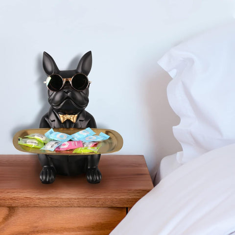 French Bulldog Gifts Key Holder Candy Dish Tray Home Decor Resin Butler Statue Key Bowl Entryway Table Frenchie Dog Sculpture Dining Table Decor Office Small Object Tray (Black)