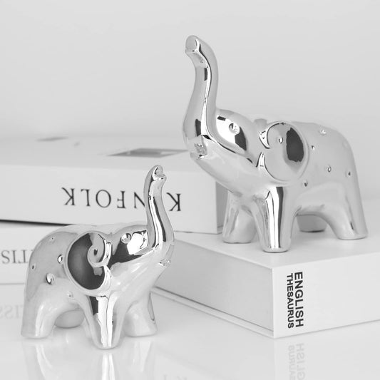 A Pair Elephant Statue Home Decor,Modern Style Figurines,Sculpture for Office Desktop Bookshelf Living Room (Ceramics Silver) 1600