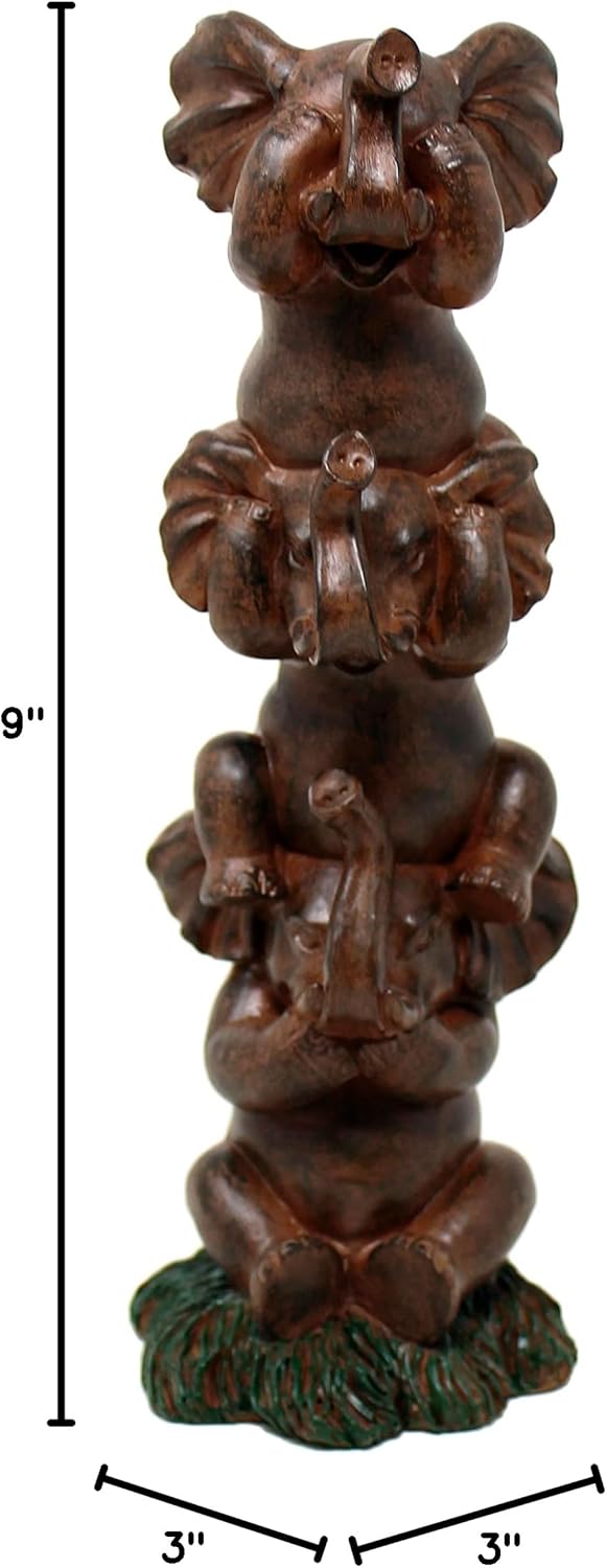 See Hear Speak No Evil Elephants Totem Statue 9" Tall Jungle Safari Wildlife Acrobatic Elephants Figurine Decor Sculpture Pole Resin Home Decorative Accent