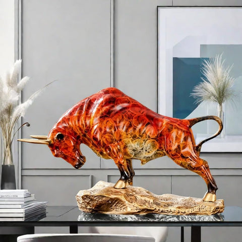 Bronze Bull Sculpture - Pure Copper Charging Bull/Cow/Ox Figure and Statue Handmand Collectable Art Decor - Raging Bull Figurine for Office& Home Decorations and Gift (L:8.3in Red)