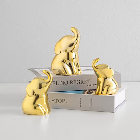 Set of 3 Cute Gold Elephant Statues, Small Decorative Accents for Shelves, Livingroom and Bedroom - Gifts for Lover, Family (Gold)