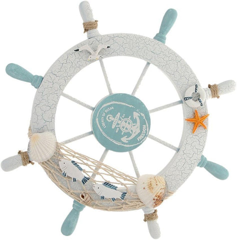 Nautical Beach Wooden Boat Ship Steering Wheel Fishing Net Shell Home Wall Decor White - Fish