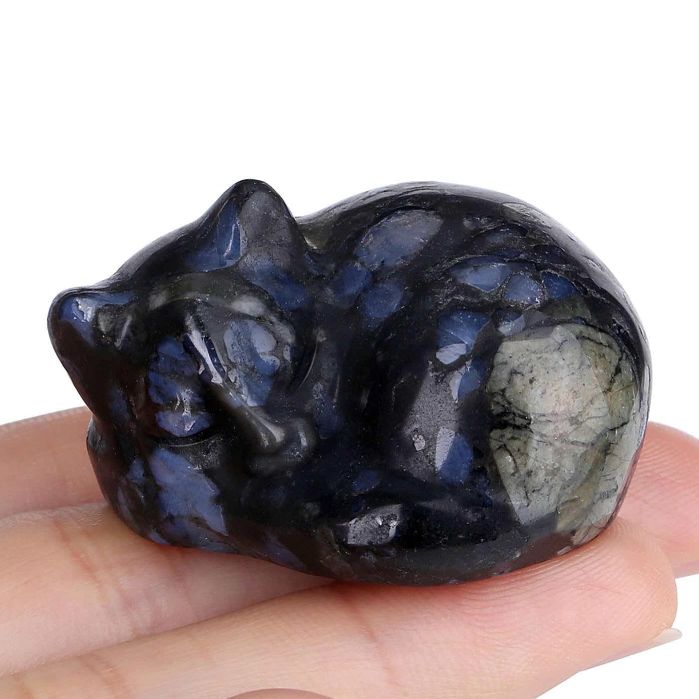 LAIDANLA Black Obsidian Sleeping Cat Statue Healing Crystals Hand Carved Cute Kitten Figurine Sculpture 1.6" Glossy Gemstone Decor Polished Stone Reiki Office Room Bedroom Desk Home Decoration Gifts