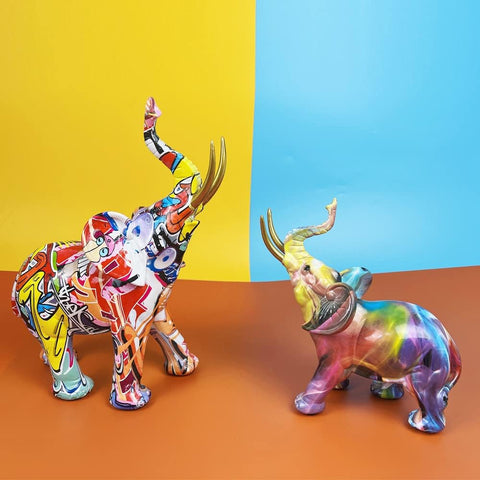 Graffiti Elephant Statue Figurine Colorful Animal Art Sculpture Resin Home Decor Decoration for Living Room Bedroom Book Shelf Cabinet Office Desk Table Top Centerpieces Ornaments (Small)