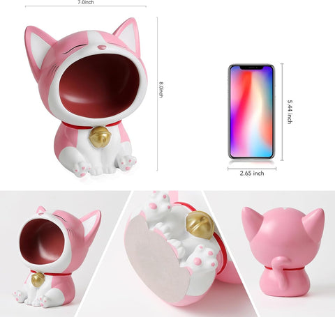 Cute Laughing Cat Figurines for Candy Dish, Key Bowl Holder, Desk, Office Accessories Storage, Home Decor Art Sculpture Gift for Cat Lover, Housewarming Gifts (White)