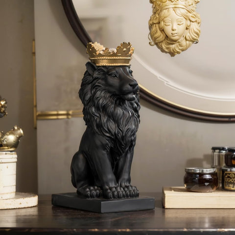 Lion Statue - Outdoor Collectible Figurine, 15 Inch Gold Crown Black Standing Lion Home Decor for Desk & Home Black Decor Gift