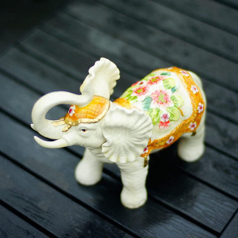 Ceramic Collectible Figurines Statue，3D Hand-Painted Lily Bamboo Elephant with Trunk Raised Statue Decoration (Medium)