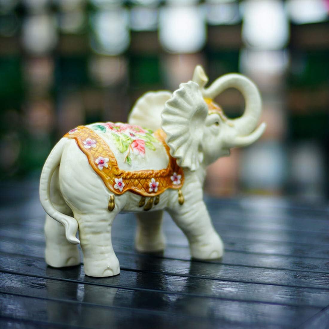 Ceramic Collectible Figurines Statue，3D Hand-Painted Lily Bamboo Elephant with Trunk Raised Statue Decoration (Medium)