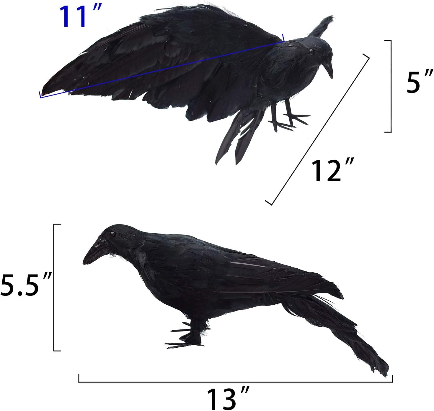 2-Pack Realistic Crows Lifesize Extra Large Handmade Black Feathered Crow for Halloween Decorations Birds, L (13 inch+12 inch)