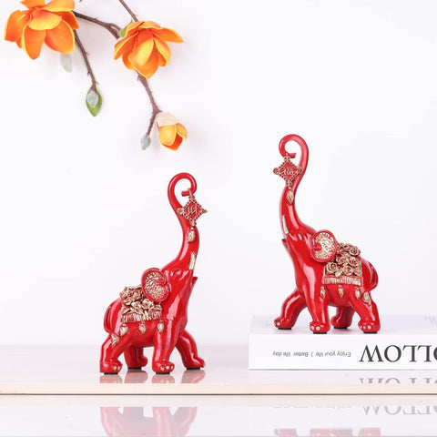 Red Elephant Statues Home Decor, A Pair Red Lucky Elephant Statue and Sculpture Decorativos Para Sala, Elephant Art Ornament - For Living Room Tv Stand, Entry Table Coffee Table Office Knick Knacks