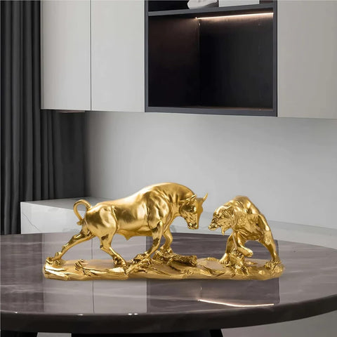 Bull and Bear Statue 15.7" L -Wall Street Bull Statue -Sculptures- Unique Decor for Financial Professionals,Gold