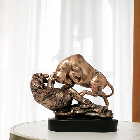 Wall Street Bull and Bear Statue Bronze Patina Resin Stock Market Charging Sculpture Home Office Decor