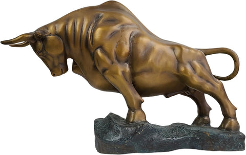 Bronze Bull Sculpture - Pure Copper Charging Bull/Cow/Ox Figure and Statue Handmand Collectable Art Decor - Raging Bull Figurine for Office& Home Decorations and Gift (L:8.3in Red)