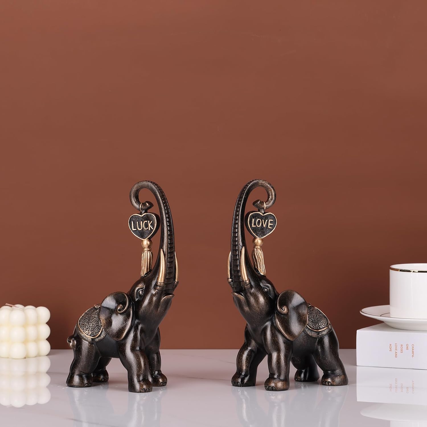 Bronze Elephant Statue 2 Piece Set, Love Elephant Sculpture, Lucky Elephant Decoration for Home Decor Statues, Home Decor Elephants, Office Decor, Console and Shelf Decor Aesthetics.