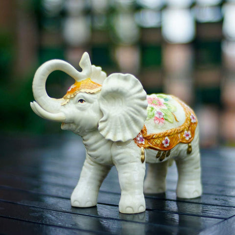 Ceramic Collectible Figurines Statue，3D Hand-Painted Lily Bamboo Elephant with Trunk Raised Statue Decoration (Medium)