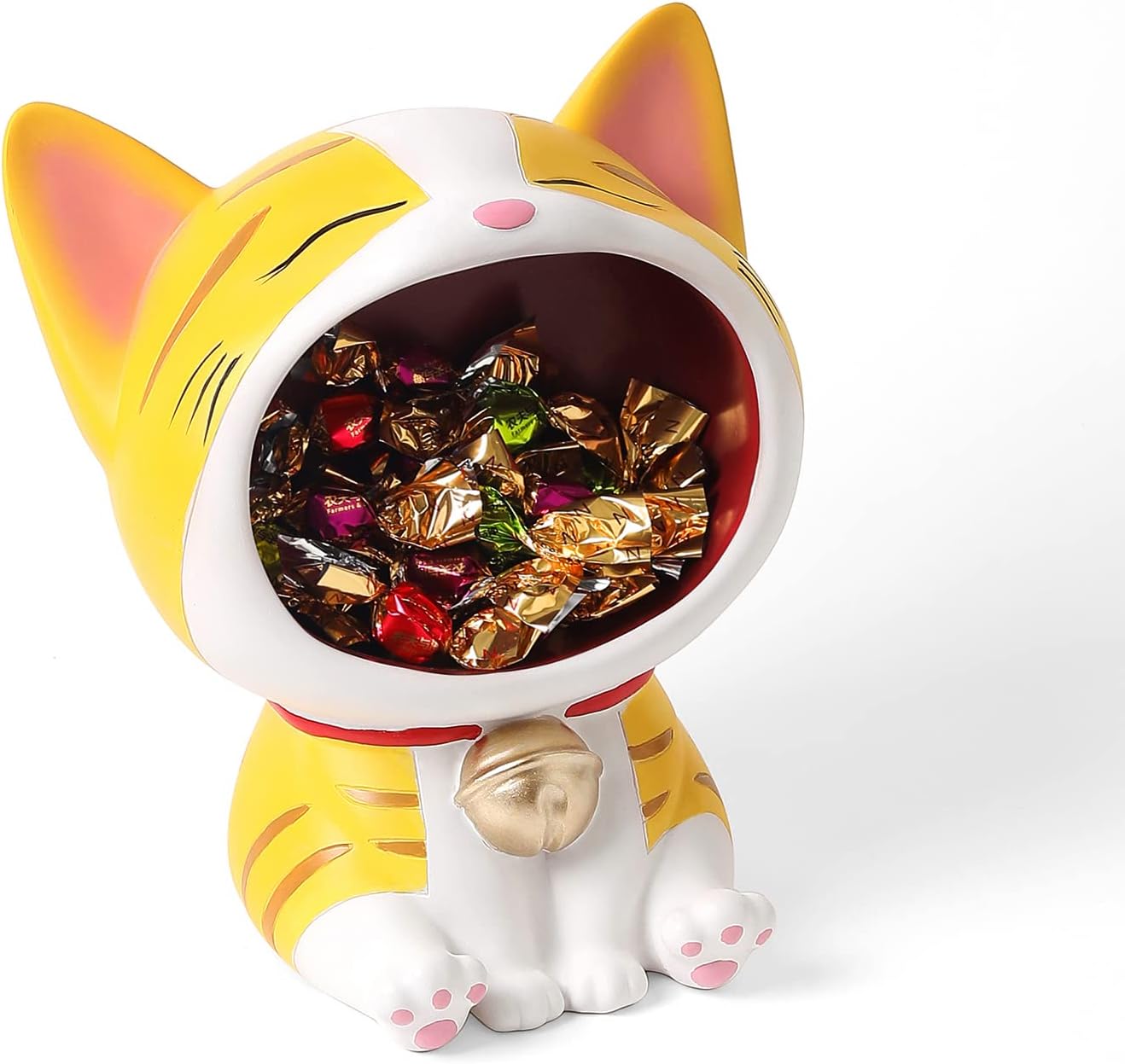 Cute Cat Statue Laughing Cat Figurines for Candy Dish, Key Bowl Holder, Desk of Work, Office Accessories Storage, Home Decor Art Sculpture Gag Gift for Cat Lover, Housewarming Gift (Yellow)