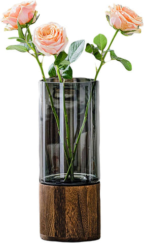 Artistic Wood Glass Vase, 10" H, Wooden Base Cylindrical Flower Vase, Classic Boho Rustic Style for Fireplace Bedroom Kitchen Living Room Centerpieces Office Desk