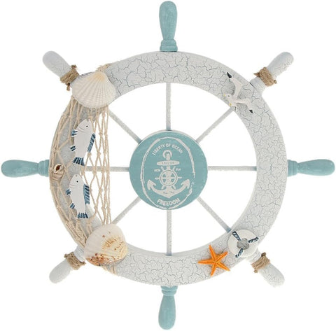 Nautical Beach Wooden Boat Ship Steering Wheel Fishing Net Shell Home Wall Decor White - Fish