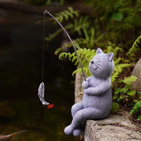 Fishing Cat Garden Statue – 10" Little Cat Fisher for Garden Pond Decor, Poolside Statue with Glow in Dark Pebbles Included,Great Gifts for Mom, Women & Birthdays (Cat)