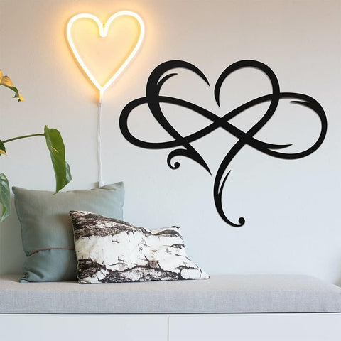 AOOLVY Infinity Heart Wall Decor, Unique Infinity Heart Metal Art Wall Decor Love Sign Steel Wall Plaques Bedroom Ornaments for Home Wedding Decor, Room Living Room Decoration (Black, 15.7x14inch)