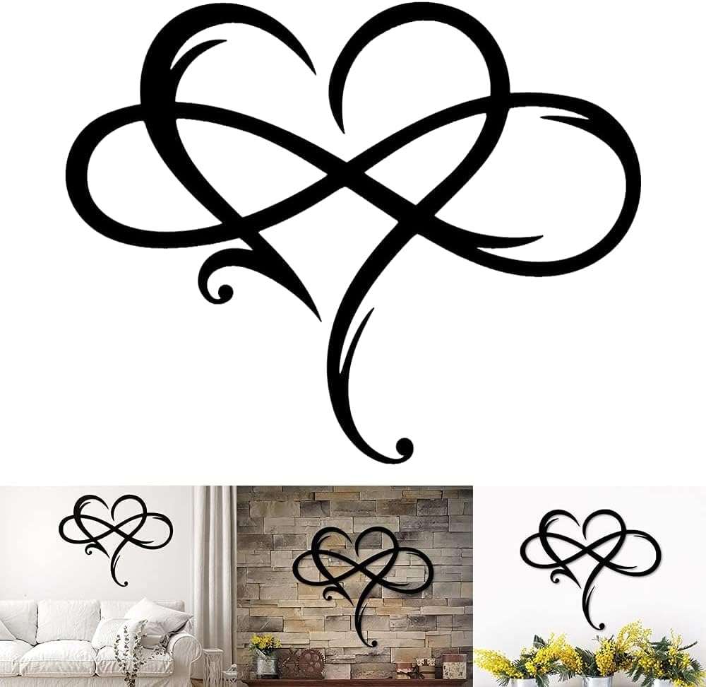 AOOLVY Infinity Heart Wall Decor, Unique Infinity Heart Metal Art Wall Decor Love Sign Steel Wall Plaques Bedroom Ornaments for Home Wedding Decor, Room Living Room Decoration (Black, 15.7x14inch)