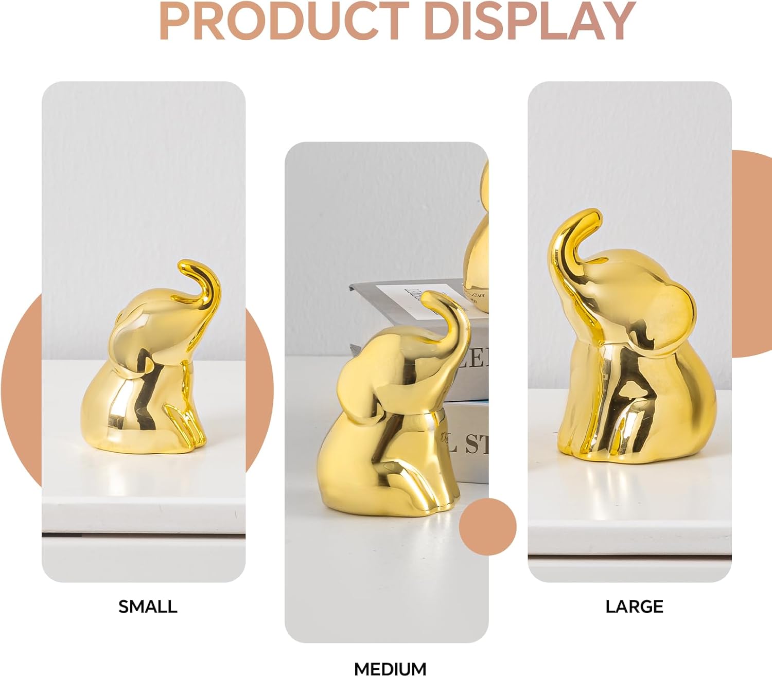 Set of 3 Cute Gold Elephant Statues, Small Decorative Accents for Shelves, Livingroom and Bedroom - Gifts for Lover, Family (Gold)