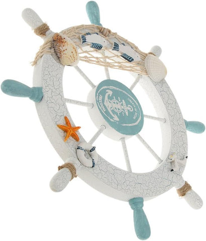 Nautical Beach Wooden Boat Ship Steering Wheel Fishing Net Shell Home Wall Decor White - Fish