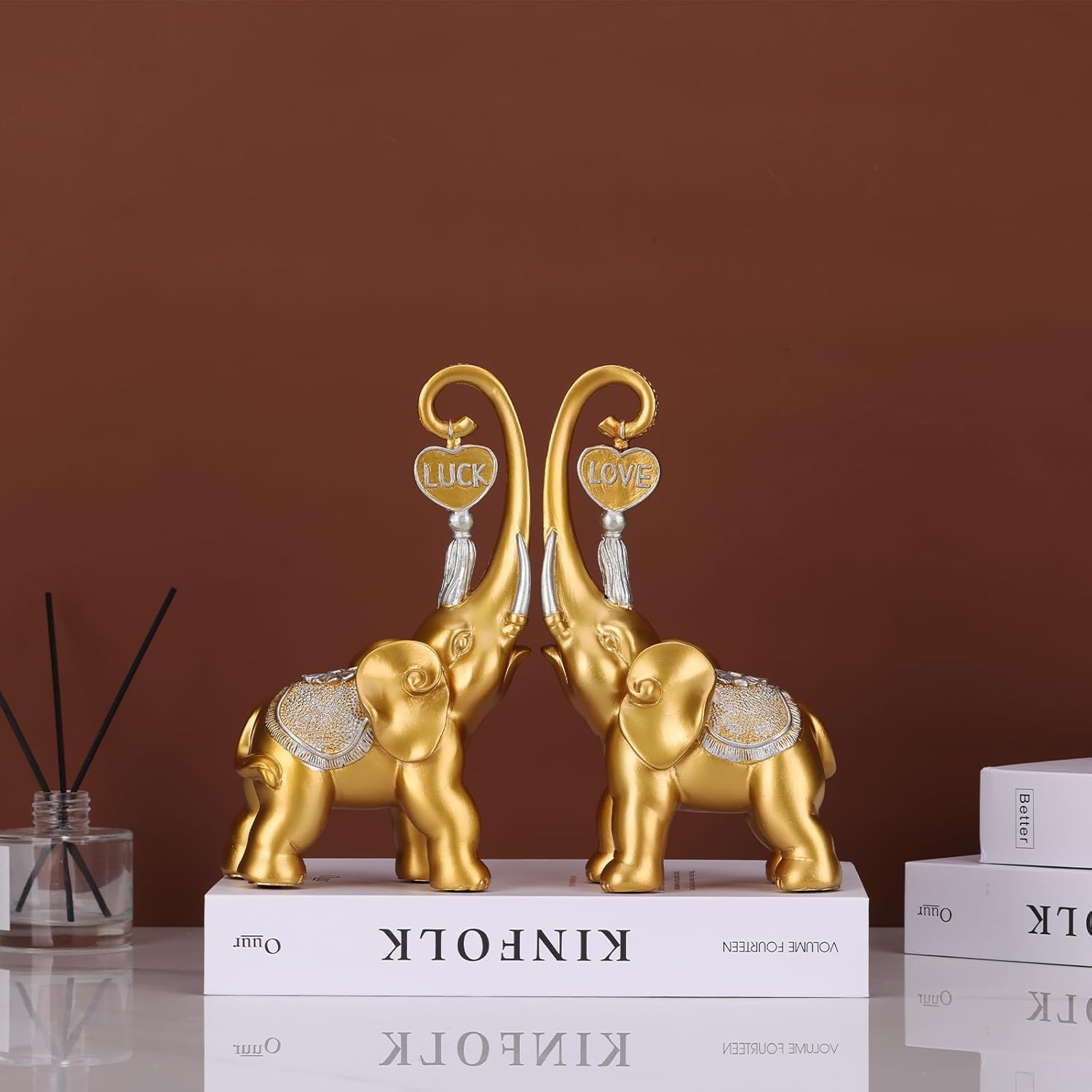 Bronze Elephant Statue 2 Piece Set, Love Elephant Sculpture, Lucky Elephant Decoration for Home Decor Statues, Home Decor Elephants, Office Decor, Console and Shelf Decor Aesthetics.